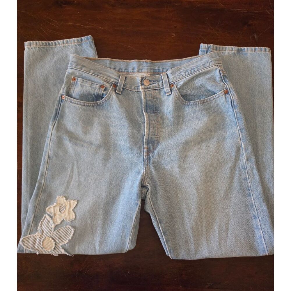 Levi's 501 Women's Button Fly Jeans, light wash denim and floral patches 30 x30